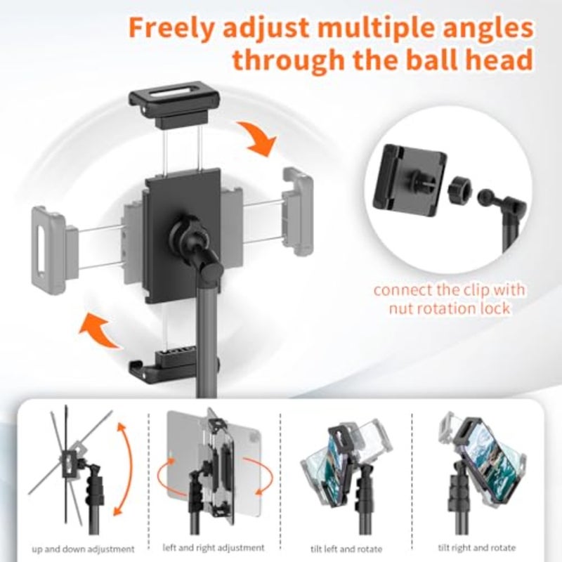 72in Tablet Floor Stand Tripod, Tablet Stand Floor with 360° Ball Head, Height Adjustable Floor Stand Holder with Case, Sheet Music Stand for iPad/iPhone/Kindle and All 4.7-13" Devices - Image 3