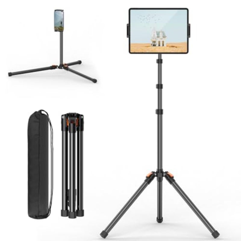 72in Tablet Floor Stand Tripod, Tablet Stand Floor with 360° Ball Head, Height Adjustable Floor Stand Holder with Case, Sheet Music Stand for iPad/iPhone/Kindle and All 4.7-13" Devices - Image 1