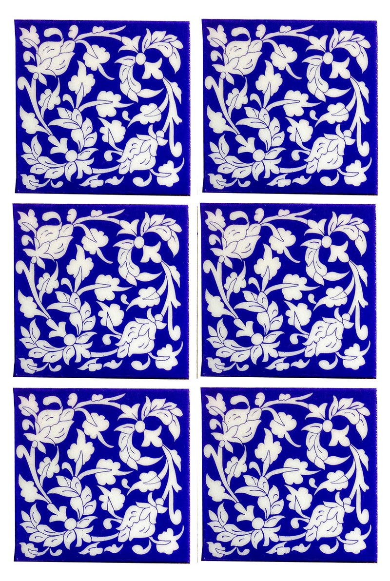 Shiv Kripa Blue Pottery Home Décor, Moroccan Pottery Ceramic Handmade Wall Tiles 6 x 6 Inch Set of 6 Tiles (Blue & White) - Image 3
