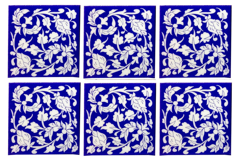 Shiv Kripa Blue Pottery Home Décor, Moroccan Pottery Ceramic Handmade Wall Tiles 6 x 6 Inch Set of 6 Tiles (Blue & White) - Image 1