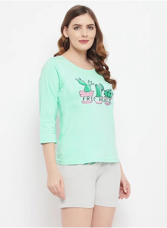 Clovia Clovia Cactus Print Top in Seafoam Green & Chic Basic Shorts in Grey - 100% Cotton