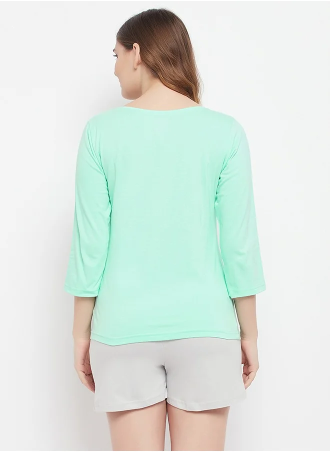 Clovia Clovia Cactus Print Top in Seafoam Green & Chic Basic Shorts in Grey - 100% Cotton
