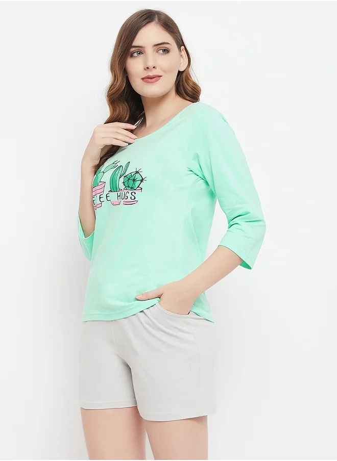 Clovia Clovia Cactus Print Top in Seafoam Green & Chic Basic Shorts in Grey - 100% Cotton