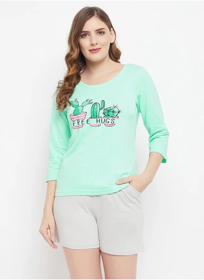 Clovia Clovia Cactus Print Top in Seafoam Green & Chic Basic Shorts in Grey - 100% Cotton