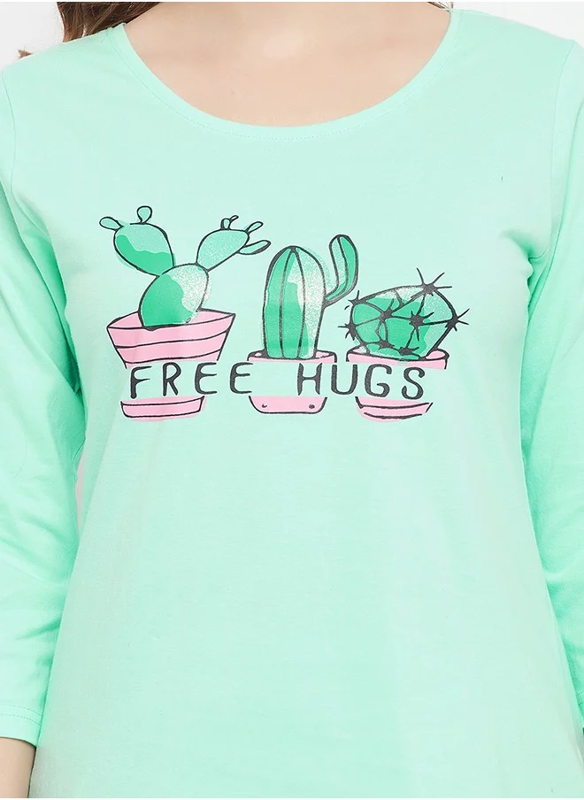 Clovia Clovia Cactus Print Top in Seafoam Green & Chic Basic Shorts in Grey - 100% Cotton