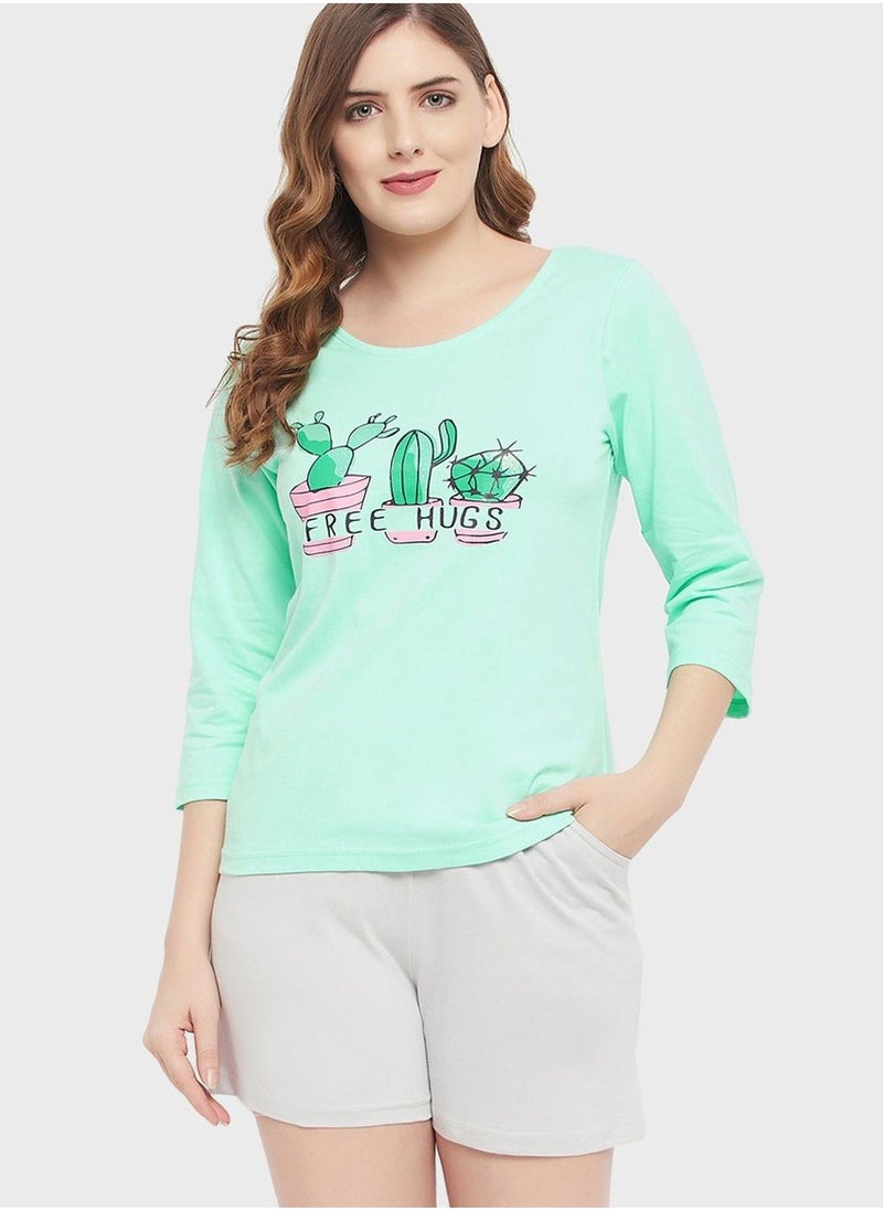 Clovia Round Neck Graphic Top & Pyjama Shorts Set - Image 1