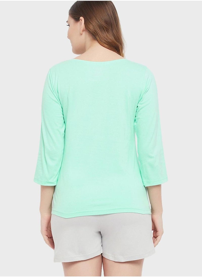 Clovia Round Neck Graphic Top & Pyjama Shorts Set - Image 2