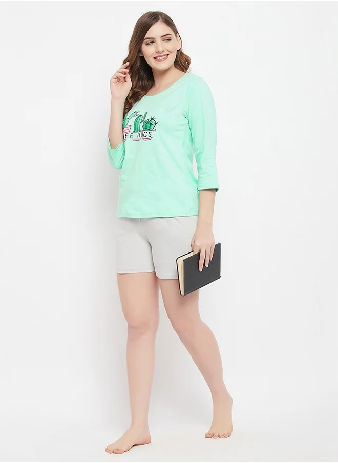 Clovia Clovia Cactus Print Top in Seafoam Green & Chic Basic Shorts in Grey - 100% Cotton