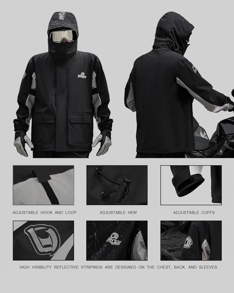 IRON JIA'S Motorcycle Rain Suit for Men & Women - Waterproof, Breathable, Reflective Jacket and Pants Set - Black, XL - Image 4