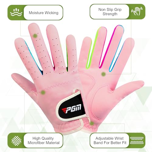 PGM Kids Youth Junior Toddler Boys Girls Golf Gloves Microfiber Synthetic Gloves for Left Hand Right Hand Golf Gloves Extra Value 1 Pair White Pink Age 3-12 (Pink, Large) - Image 2