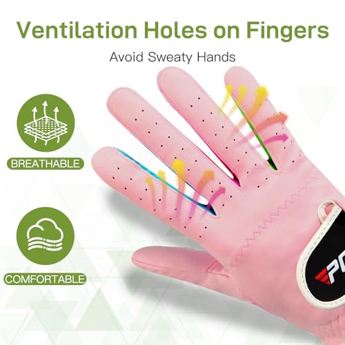 PGM Kids Youth Junior Toddler Boys Girls Golf Gloves Microfiber Synthetic Gloves for Left Hand Right Hand Golf Gloves Extra Value 1 Pair White Pink Age 3-12 (Pink, Large) - Image 4