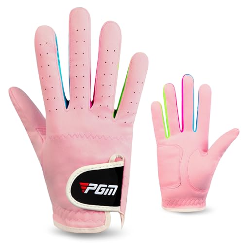 PGM Kids Youth Junior Toddler Boys Girls Golf Gloves Microfiber Synthetic Gloves for Left Hand Right Hand Golf Gloves Extra Value 1 Pair White Pink Age 3-12 (Pink, Large) - Image 1