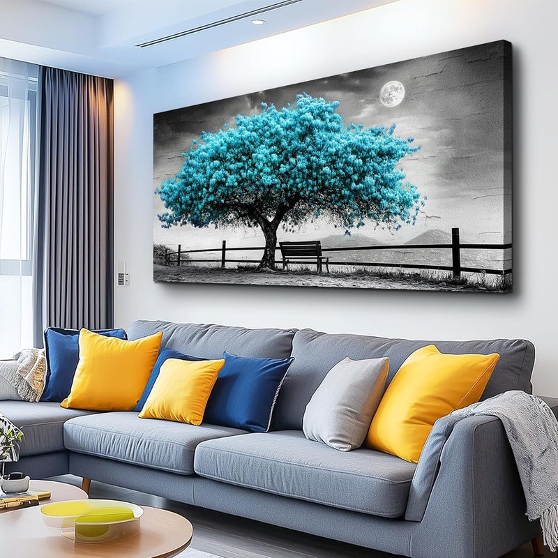 EMODA Blue Tree Framed Canvas Wall Art (60x120 cm) – Modern Landscape Painting | Large Framed Canvas Wall Art 60x120 cm Modern Home Decor for Living Room Bedroom Office | Premium Quality Ready to Hang - Image 1