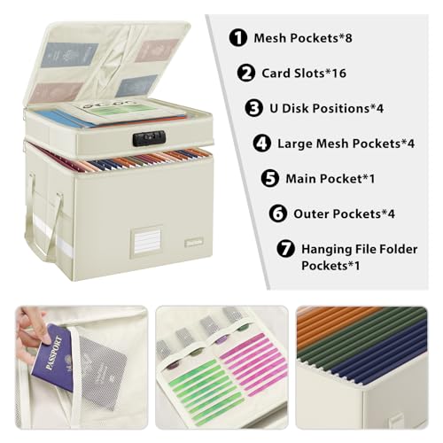 DocSafe File Box with Lock,Multi-Layer Fireproof Document Box Collapsible File Storage Organizer with Pockets/Handle,Large Portable Home Office Filing Box for Hanging Letter/Legal Size Folders,Beige - Image 2