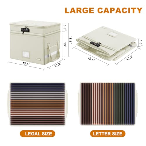 DocSafe File Box with Lock,Multi-Layer Fireproof Document Box Collapsible File Storage Organizer with Pockets/Handle,Large Portable Home Office Filing Box for Hanging Letter/Legal Size Folders,Beige - Image 5