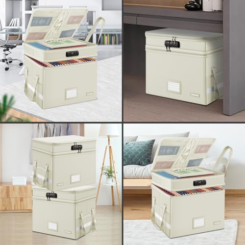 DocSafe File Box with Lock,Multi-Layer Fireproof Document Box Collapsible File Storage Organizer with Pockets/Handle,Large Portable Home Office Filing Box for Hanging Letter/Legal Size Folders,Beige - Image 3
