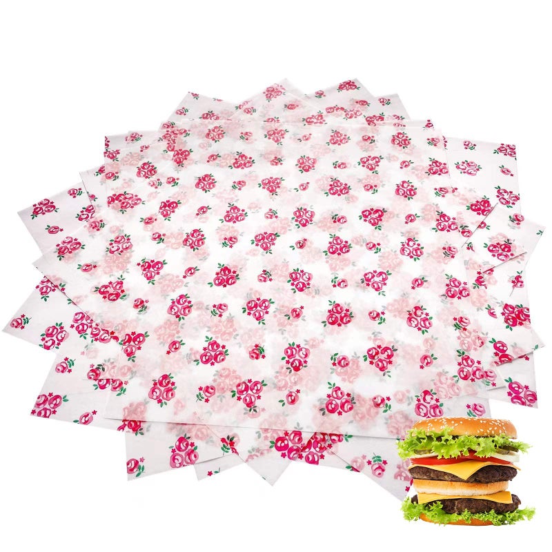 Suiwen 150pcs Spring Floral Wax Paper Sheets Sandwich Wrapping Paper Greaseproof Wrap Paper Parchment Papers Air Fryer Disposable Paper Liner Food Basket Liners for Outdoor Picnic Rose