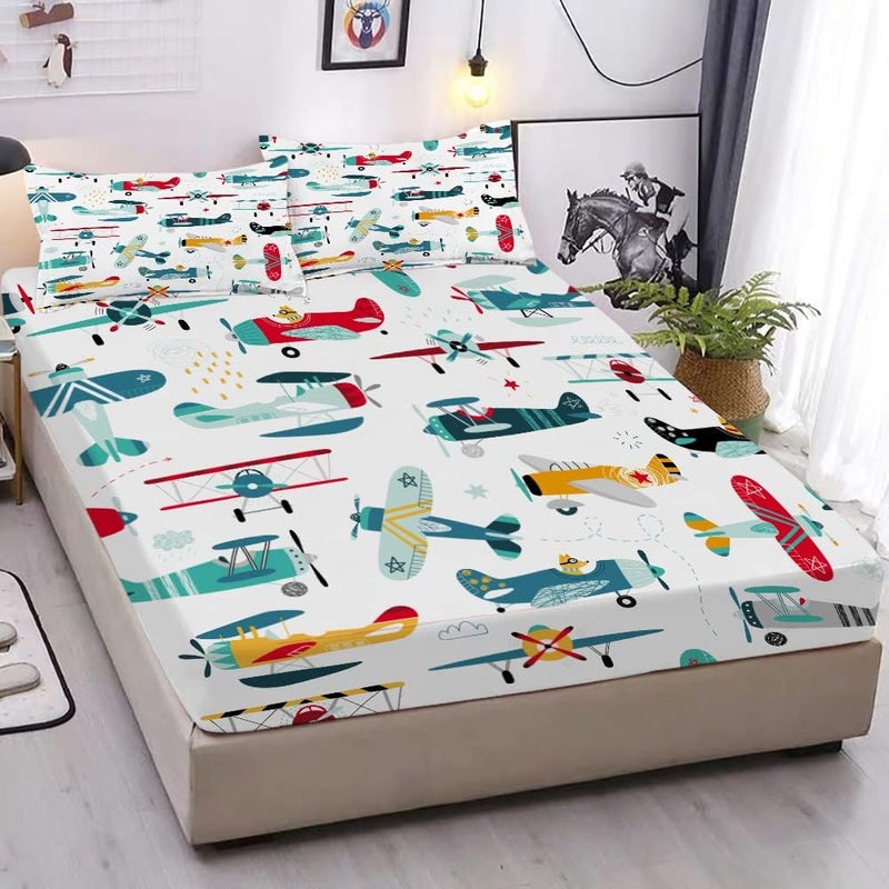 Yasida Cartoon Airplane Bed Sheets Set Full Size for Kids Teens Colorful Cartoon Propeller Plane Bed Fitted Sheets Boys Girls Teens Bedroom DecorFull Size3pc
