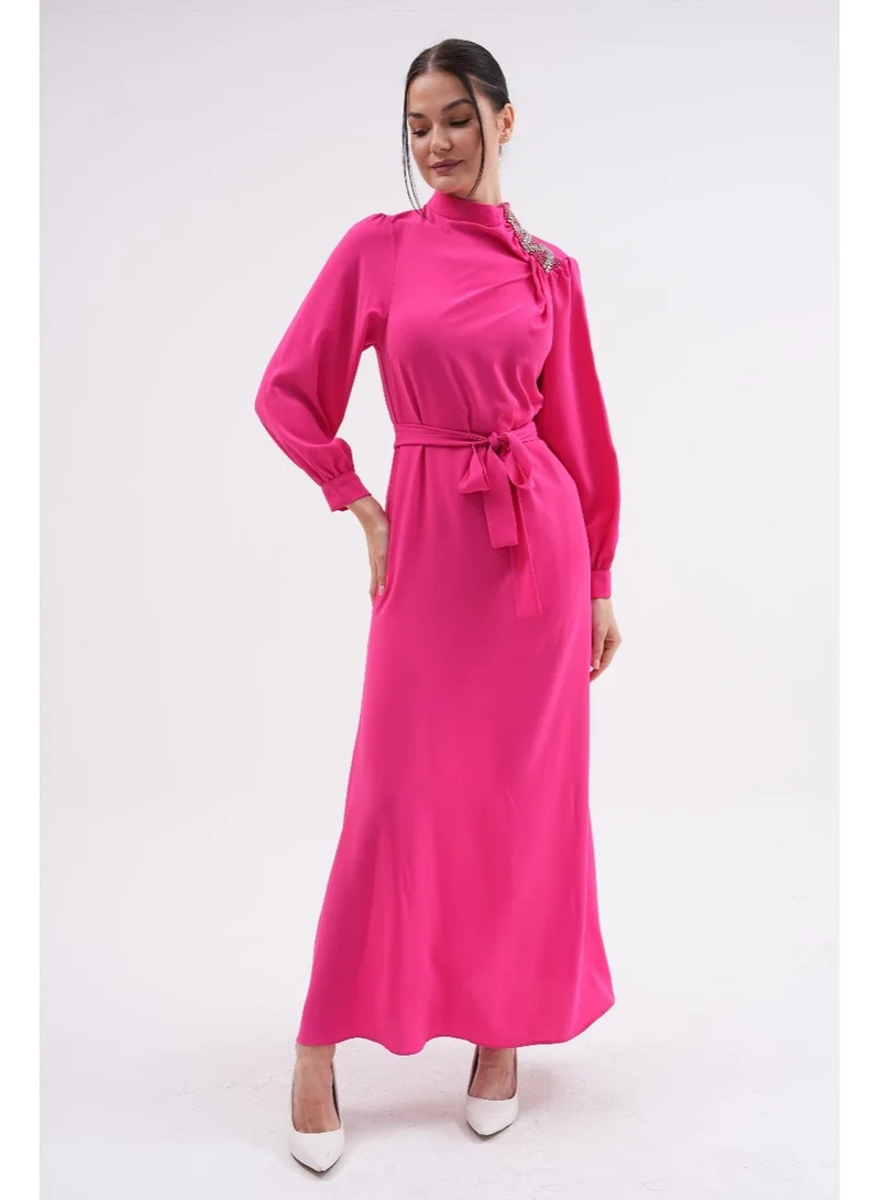Elegant Belted Evening Dress with Shoulder Embellishment