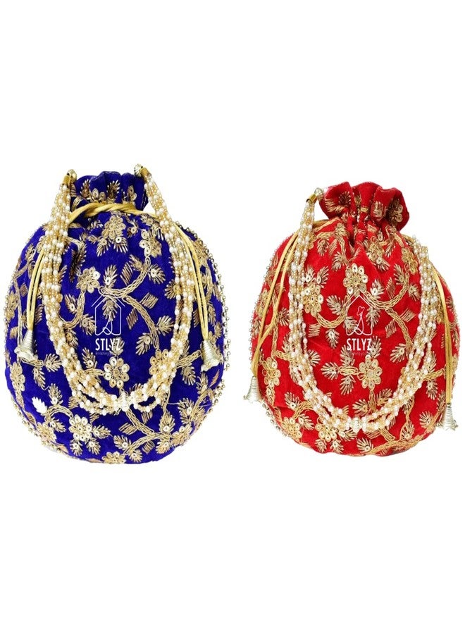 STLYZ Traditional Velvet Potli Bag For Women, Embroidered Potli Handbag Wristlets Ethnic Bridal Potli Batwa Bag For Ladies For Wedding Return Gifts (Pack of 2) (VelvetPotli_Packof2) - Image 1