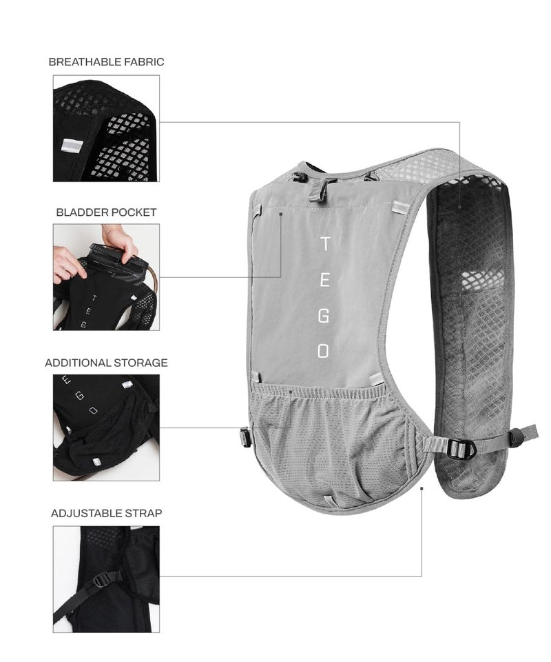 TEGO سترة ترطيب بايسر تريل | حقيبة ترطيب للجري والمشي | سترة جري قابلة للتعديل مع تخزين، حقيبة خزان ومفاصيل عاكسة | متوافقة مع زجاجات الماء اللينة و2 لتر من المثانة (رمادي) - Image 4