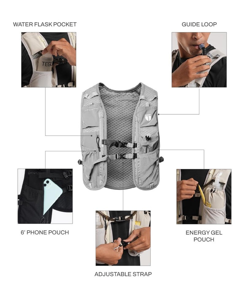 TEGO سترة ترطيب بايسر تريل | حقيبة ترطيب للجري والمشي | سترة جري قابلة للتعديل مع تخزين، حقيبة خزان ومفاصيل عاكسة | متوافقة مع زجاجات الماء اللينة و2 لتر من المثانة (رمادي) - Image 3