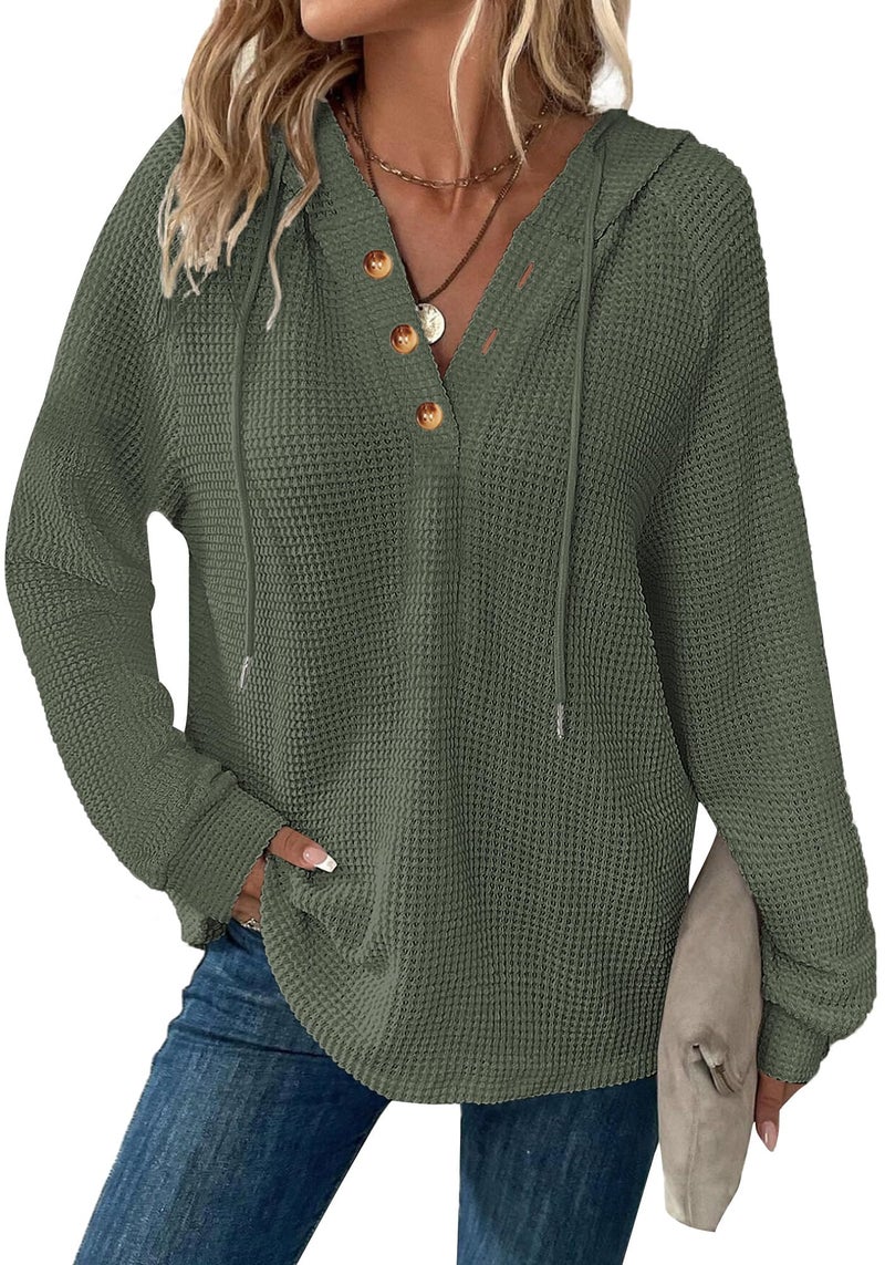 Dimur Waffles Knit Pullover Tops Christmas Drawstring Hoodie Business Casual Outfits for Women V Neck Dressy Crochet Tops for Women Casual Style - Image 1