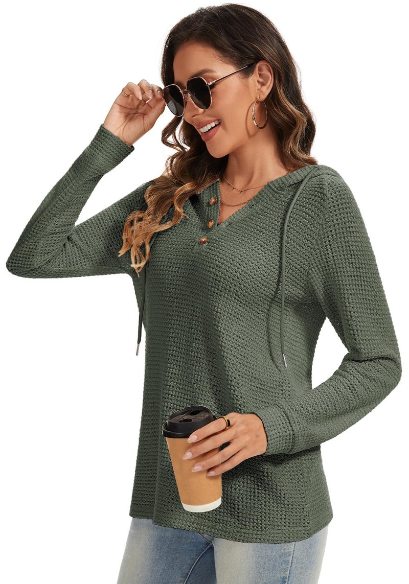Dimur Waffles Knit Pullover Tops Christmas Drawstring Hoodie Business Casual Outfits for Women V Neck Dressy Crochet Tops for Women Casual Style - Image 4