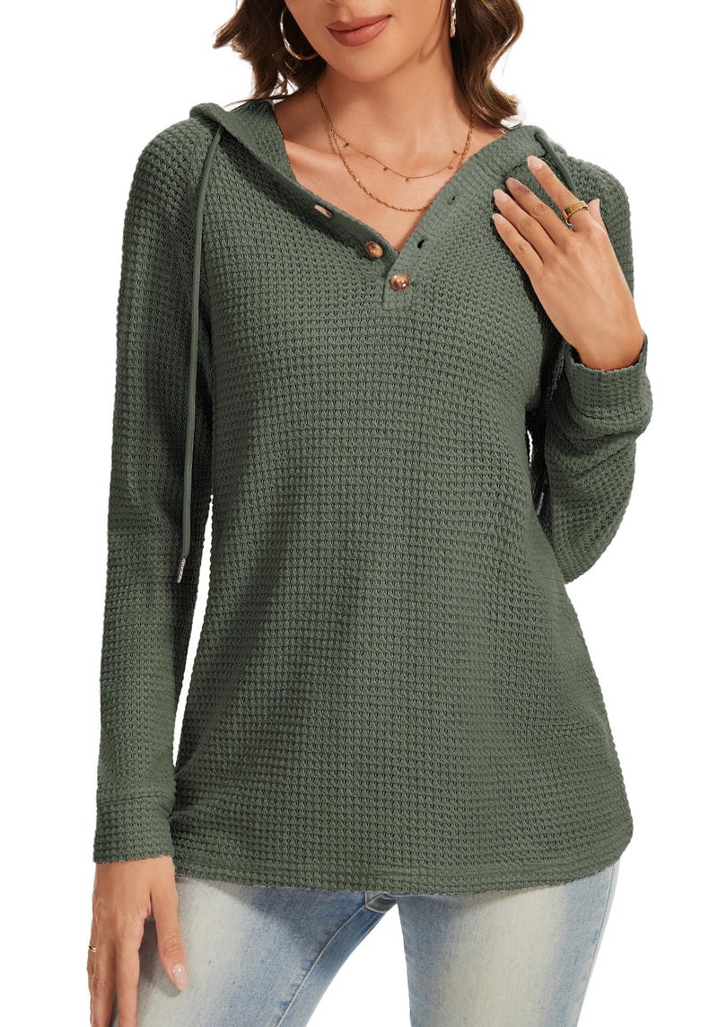 Dimur Waffles Knit Pullover Tops Christmas Drawstring Hoodie Business Casual Outfits for Women V Neck Dressy Crochet Tops for Women Casual Style - Image 2