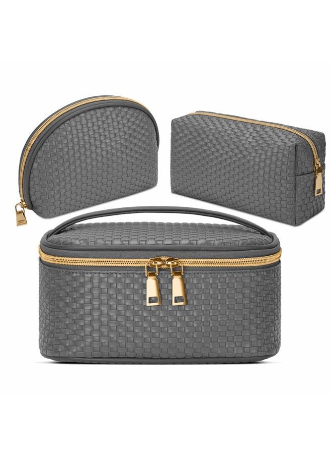 KTMOUW - Makeup Bag 3 Pcs Waterproof Cosmetic Bag Set Portable Travel Cosmetic Bag Multifunction Organizer Storage Bag Weave Toiletry Bag for Women, Grey - Image 1