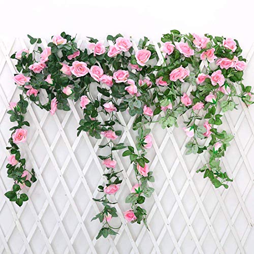 JUSTOYOU 2 Pack 72ft Artificial Fake Rose Garland Vines Hanging Silk Flowers for Outdoor Indoor Wedding Wall Badroom Decoration Pink