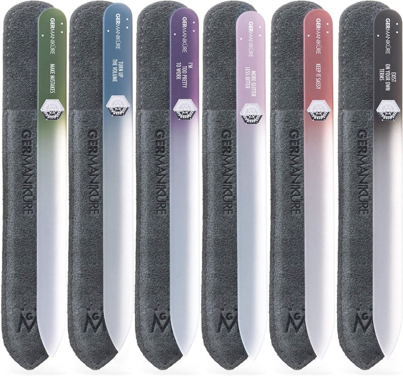 GERMANIKURE Czech Crystal Glass Nail File 6 Pack in Suede Leather Case - Professional Manicure & Pedicure Products for Smooth Easy Shaping of Natural Nails Multi-style matching design - Image 1