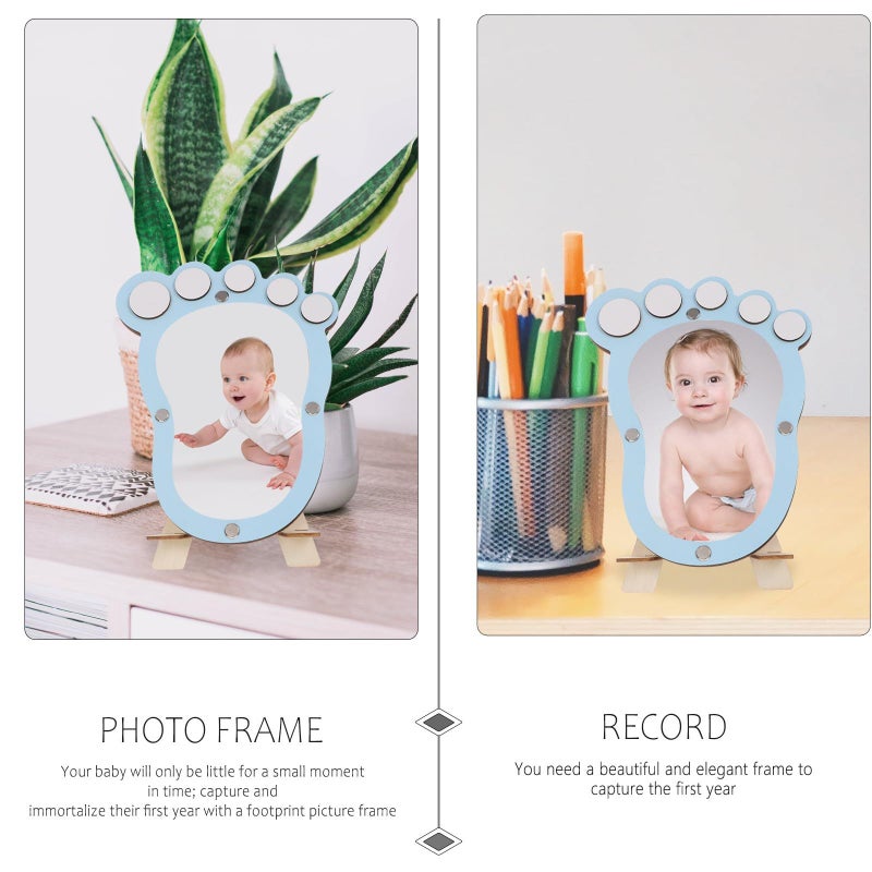 Blue Growth Record Footprint Photo Frame for Newborns Keepsake Handprint Design Nursery Decor - Image 4