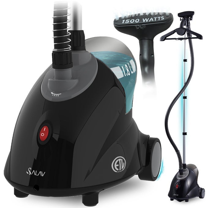 GS18DJ STANDING GARMENT STEAMER WITH ROLL WHEELS FOR EASY MOVEMENT 18L WATER TANK FOR 1 HOUR CONTINUOUS STEAMING ADJUSTABLE POLE FOR STORAGE INCLUDES DESCALER PACKET 1500 WATTS