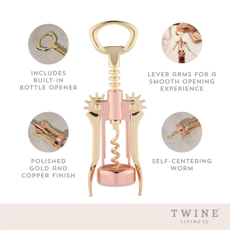 Twine Winged Corkscrew Wine Opener, Versatile Bottle Opener for Beer and Soft Drinks, Stainless Steel with Ergonomic Handle and Sharp Screw for Bartenders, Home Bar, Kitchen, Set of 1, Copper and Gold - Image 3