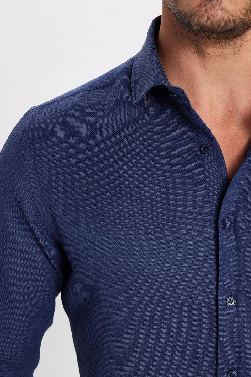 تودورس Men's Slim Fit Slim Fit Long Sleeve Cotton Easy Iron Dobby Navy Blue Shirt