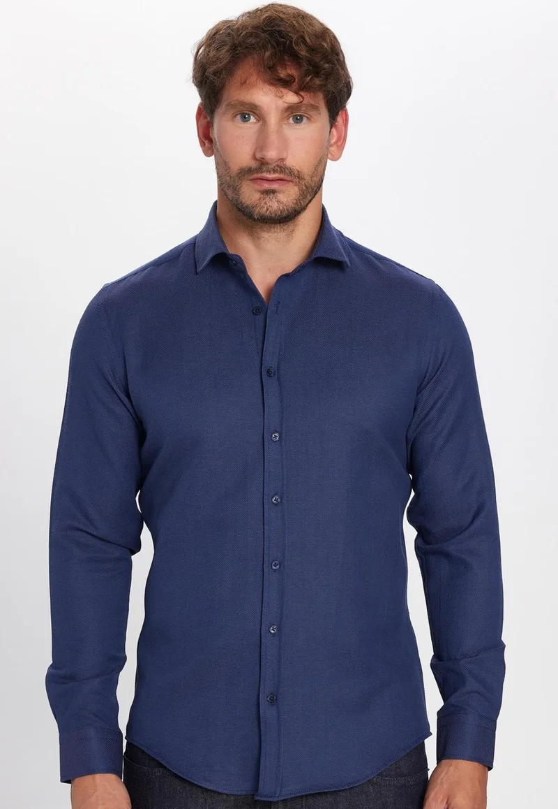 تودورس Men's Slim Fit Slim Fit Long Sleeve Cotton Easy Iron Dobby Navy Blue Shirt