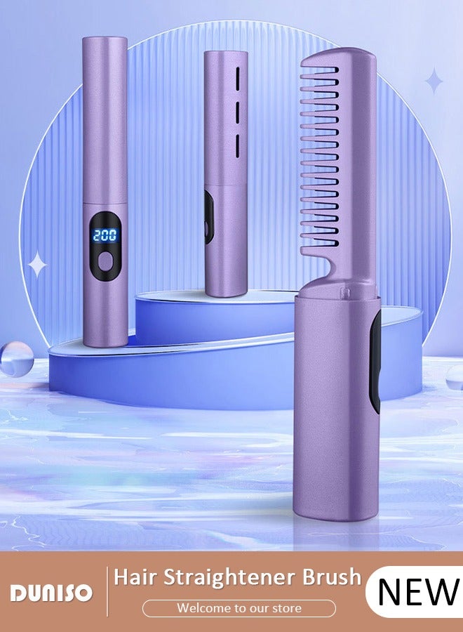 DUNISO Rechargeable Hair Straightener Brush, Mini Cordless Hair Straightener Comb with LCD Temperature Display for Straightening Curling Hair, Hair Straightener Brush with 3 Temp Settings and Anti-Scald for Home and Travel - Image 1