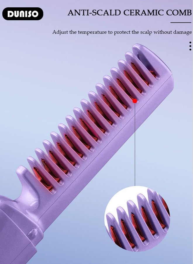 DUNISO Rechargeable Hair Straightener Brush, Mini Cordless Hair Straightener Comb with LCD Temperature Display for Straightening Curling Hair, Hair Straightener Brush with 3 Temp Settings and Anti-Scald for Home and Travel - Image 2