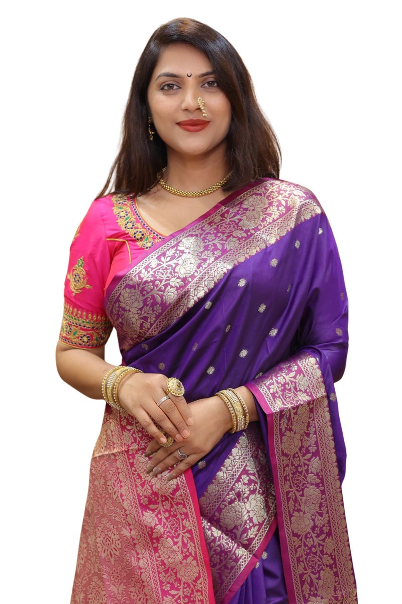 AMIRAT Women's Banarasi Saree Soft new ladies 2024 Design Wear Pattu Sarees Latest Cotton Party Sari collections With Blouse Piece for Wedding sadi (Purple) - Image 1