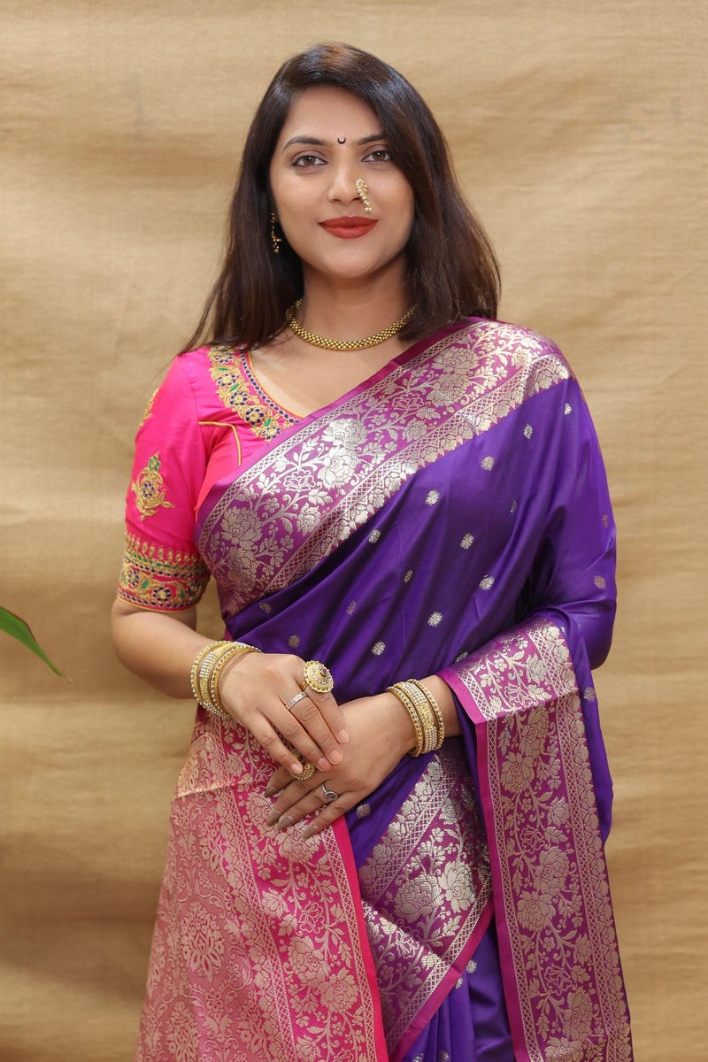 AMIRAT Women's Banarasi Saree Soft new ladies 2024 Design Wear Pattu Sarees Latest Cotton Party Sari collections With Blouse Piece for Wedding sadi (Purple) - Image 4