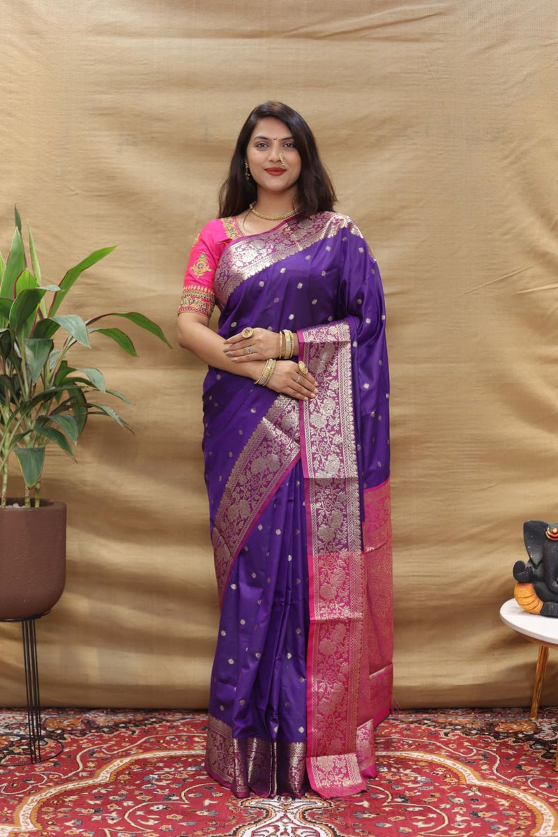 AMIRAT Women's Banarasi Saree Soft new ladies 2024 Design Wear Pattu Sarees Latest Cotton Party Sari collections With Blouse Piece for Wedding sadi (Purple) - Image 2
