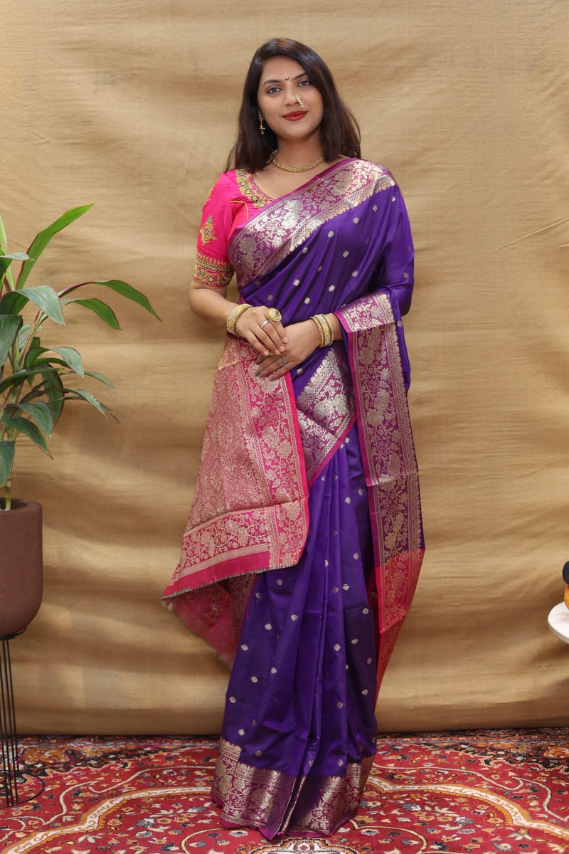 AMIRAT Women's Banarasi Saree Soft new ladies 2024 Design Wear Pattu Sarees Latest Cotton Party Sari collections With Blouse Piece for Wedding sadi (Purple) - Image 3