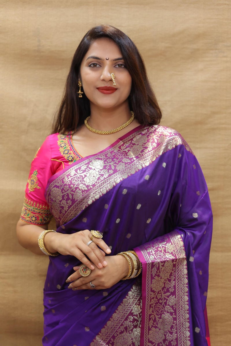 AMIRAT Women's Banarasi Saree Soft new ladies 2024 Design Wear Pattu Sarees Latest Cotton Party Sari collections With Blouse Piece for Wedding sadi (Purple) - Image 5