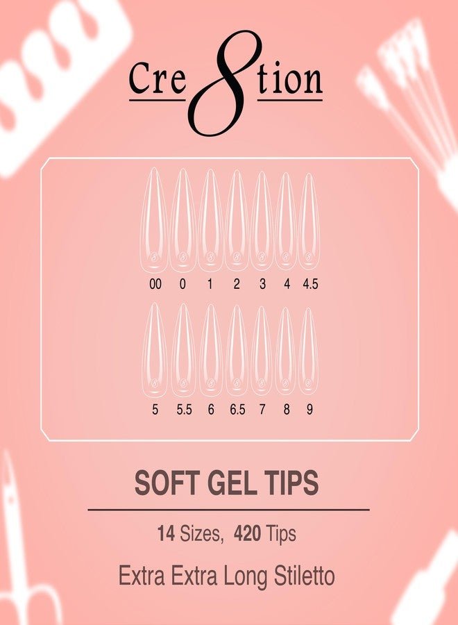 Cre8tion Soft Gel Nail Tips, Extra Extra Long Stiletto Shape, 602 Tips in 14 Sizes (00-9) for Professional Nail Extensions - Image 2