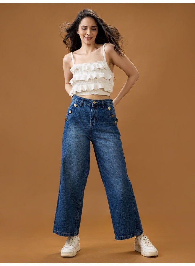 globus Globus Women Mid Blue Cotton Whiskers Effect Mid-Rise Wide Leg Denim Jeans - Image 1