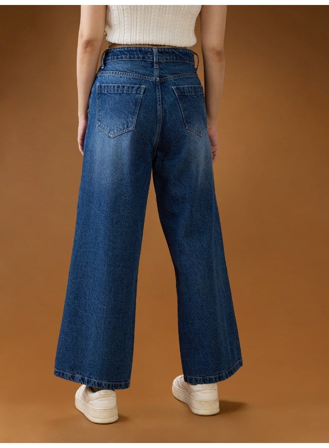globus Globus Women Mid Blue Cotton Whiskers Effect Mid-Rise Wide Leg Denim Jeans - Image 5