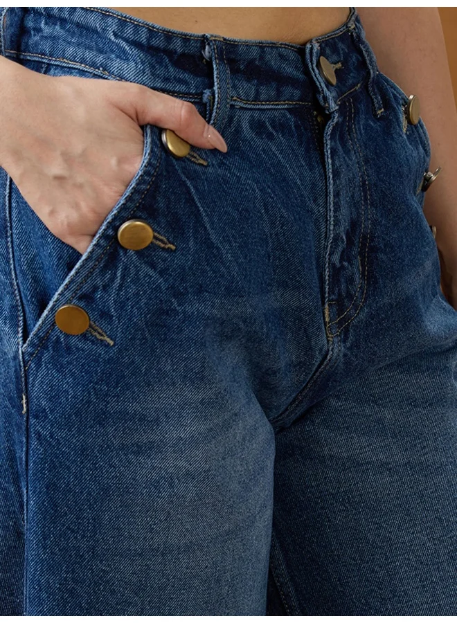 globus Women Mid Blue Cotton Whiskers Effect Mid-Rise Wide Leg Denim Jeans