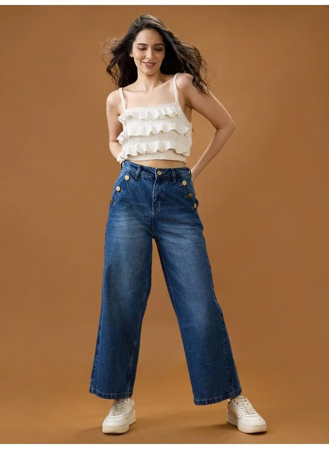 globus Globus Women Mid Blue Cotton Whiskers Effect Mid-Rise Wide Leg Denim Jeans