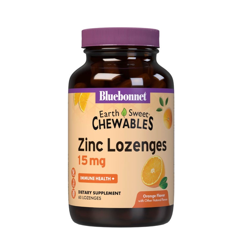 Bluebonnet Nutrition Earthsweet Zinc Lozenges 15mg Chewables, Plus 100mg of Vitamin C, Soy-Free, Gluten-Free, Kosher Certified, Dairy-Free, Vegan, Orange Flavored, 60 Lozenges - Image 1